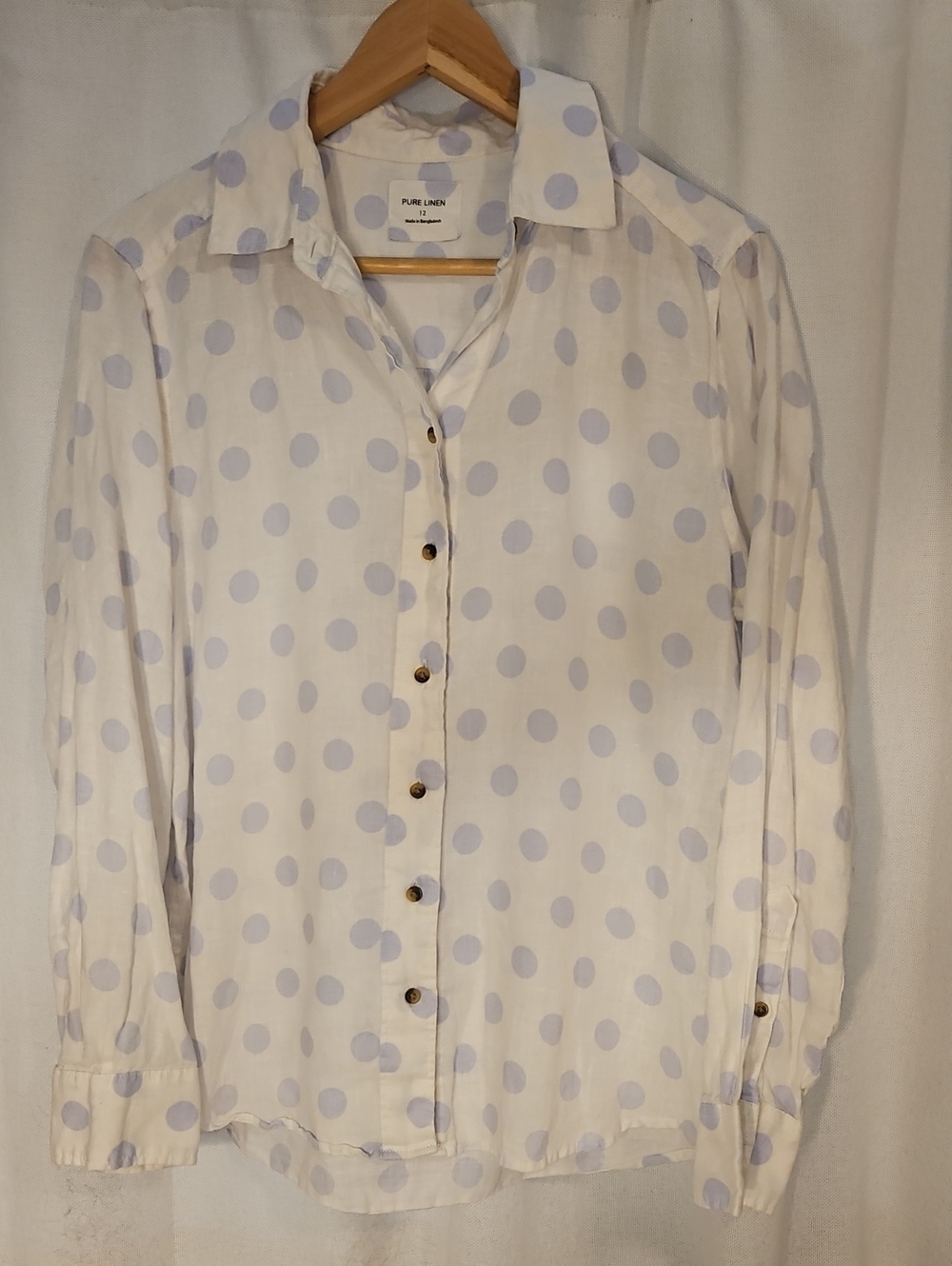 Pure Linen White Polka Dot Button-Down Blouse